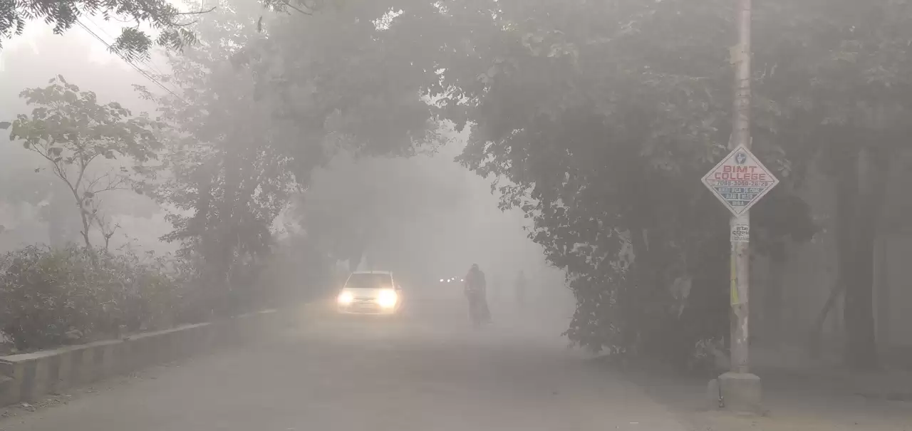 कोहरे की चादर में लिपटा महानगर